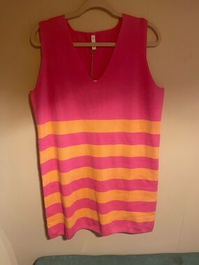 Sleeveless Pink and Yellow Striped V-Neck Sweater Dress